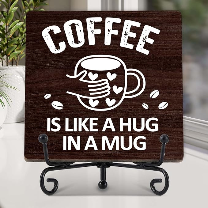 Coffee Bar Decor, Farmhouse Kitchen Table Decor, Coffee Station Accessories, Wooden Decorative Sign with Iron Stand for Table Desk Shelf Display-E17