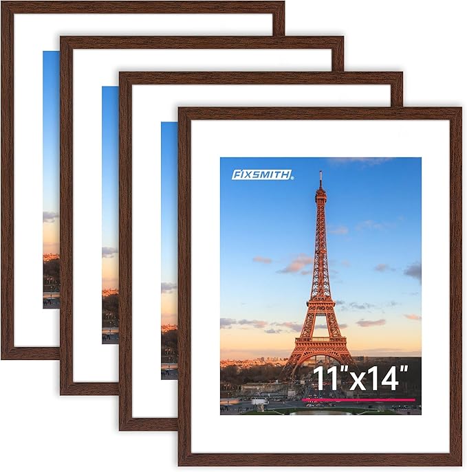 FIXSMITH 11x14 Picture Frame Bulk-4 Pack, Photo Frame with HD Plexiglass, Display Pictures 8x10 with Mat or 11x14 Without Mat, Brown Picture Frames Collage Wall Decor, Gallery Wall Frame