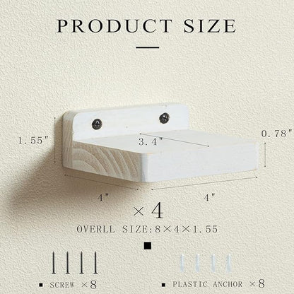 Freezing point Small Floating Shelf for Wall Set of 4 Natural Wood 4Inch Mini Wall Shelves Decor Plant Display Collectibles Mounted Kitchen Bathroom Bedroom Corner Decorative Storage Tiny Stand White