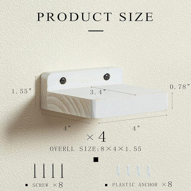 Freezing point Small Floating Shelf for Wall Set of 4 Natural Wood 4Inch Mini Wall Shelves Decor Plant Display Collectibles Mounted Kitchen Bathroom Bedroom Corner Decorative Storage Tiny Stand White