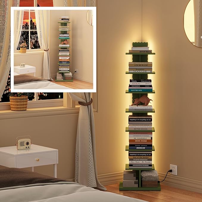 TUTOTAK Narrow Bookshelf, 8-Tier Bookcase with LED Lights, Spine Book Shelf for Small Space, Corner Standing Shelf for Living Room, Office, Study, Entryway, Olive Green BS06BOG008L
