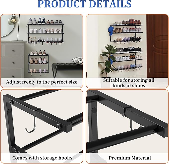 2 Pack Wall Mounted Shoe Rack, 3 Tier Hanging Shoe Rack Holds 24 Pairs, 17"-30"Adjustable Heavy Duty Shoe Organizer Holder with 4 Storage Hooks, Space Saving for Closet Entryway, Black, Patent Pending