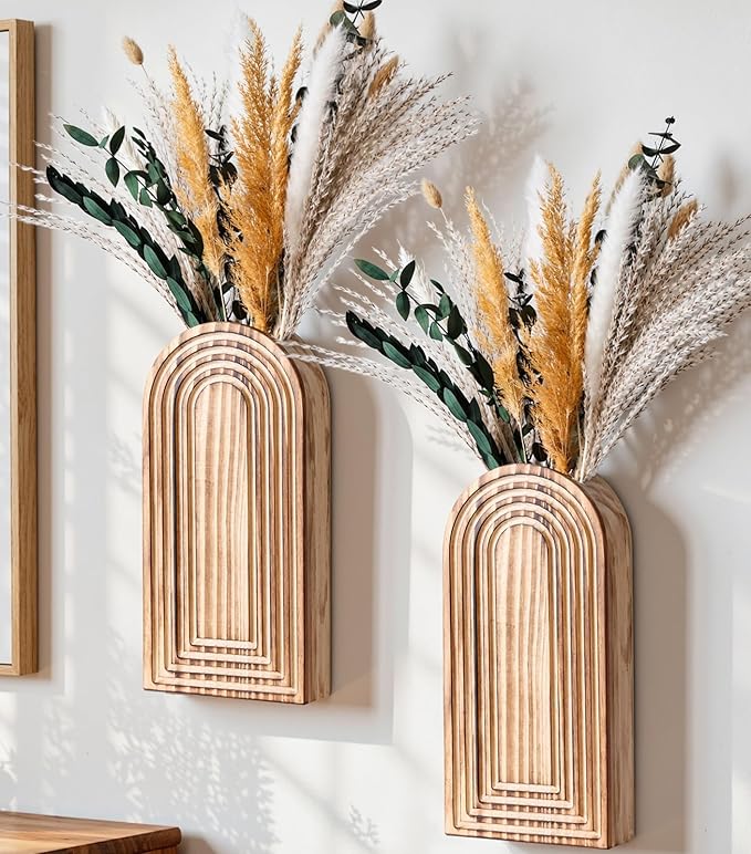 DREAMLOOM 2 Pack Wooden Wall Vases with Dried Pampas Grass and Eucalyptus Plants, Wall Hanging Planters Boho Modern Farmhouse Indoor for Narrow Spaces Entryway Bathroom Home Office Decoration, Brown