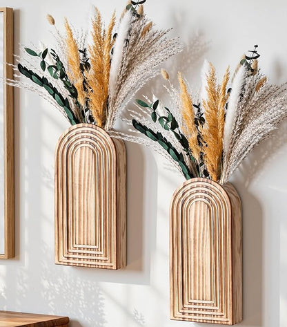 DREAMLOOM 2 Pack Wooden Wall Vases with Dried Pampas Grass and Eucalyptus Plants, Wall Hanging Planters Boho Modern Farmhouse Indoor for Narrow Spaces Entryway Bathroom Home Office Decoration, Brown