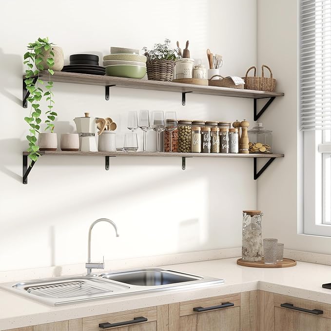 Axeman 55 Inch Floating Shelves | 8 Inch Deep Grey Wall Shelves Set of 2 | 55" W x 8" D Rustic Grey Wood Shelves for Bathroom Kitchen Living Room