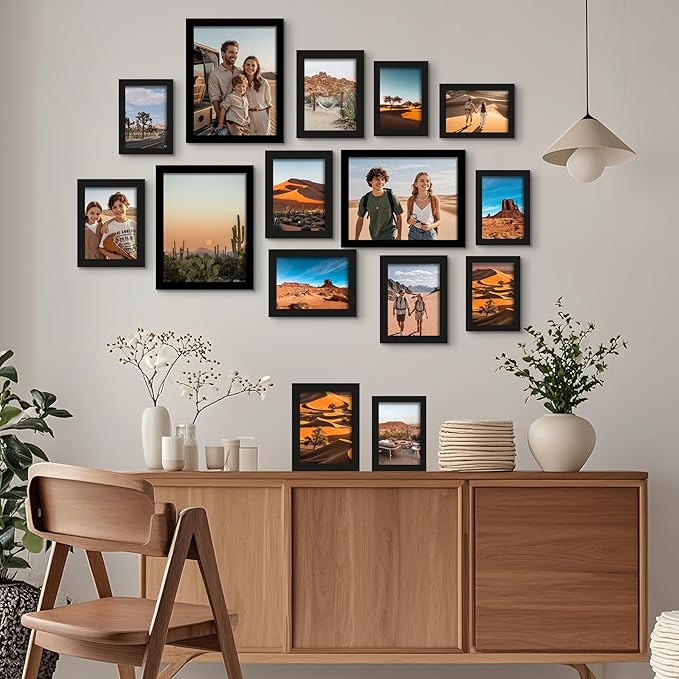 BESCRCL 15 Pack Real Glass Picture Frames Collage Wall Decor, Including 3pcs 8x10, 6pcs 5x7, 6pcs 4x6 Photo Frames for Gallery Wall or Tabletop Display, Black