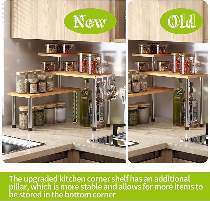 BMOSU Kitchen Corner Shelf Countertop Organizer with Hooks Adjustable Spice Rack Corner Display Rack Shelf Cabinet Counter Shelves(Bamboo)