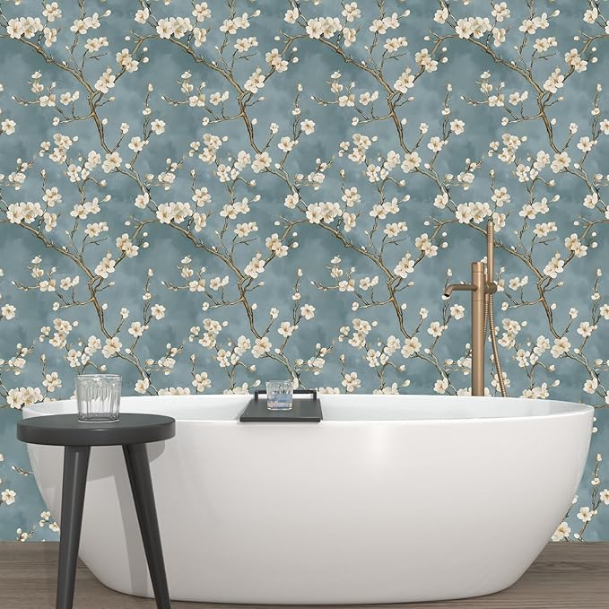 Blue Floral Wallpaper Peel and Stick Vintage White Flowers Contact Paper Vinyl Self Adhesive Removable Retro Cherry Blossom Wall Mural Wall Paper for Room Walls Shelve Cabinet Table Decor 17.5