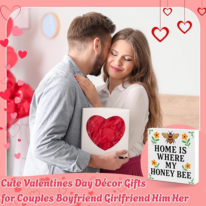 Valentines Desk Decor, Valentine's Day Home Office Table Sign for Wife Daughter from Dad Husband, Valentine Gifts Decorations for Porch Tiered Tray Shelf Party, Home Is Where My Honey Bee