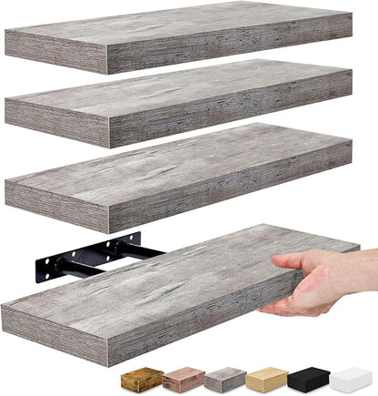 Sorbus Floating Shelves for Wall – 16 Inch Floating Shelf for Kitchen, Bedroom, Living Room, Bathroom, Home & Wall Decor - Mounted Bathroom Shelves with Invisible Brackets (Grey, 4 Pack)