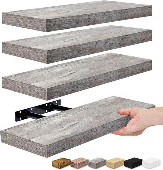 Sorbus Floating Shelves for Wall – 16 Inch Floating Shelf for Kitchen, Bedroom, Living Room, Bathroom, Home & Wall Decor - Mounted Bathroom Shelves with Invisible Brackets (Grey, 4 Pack)