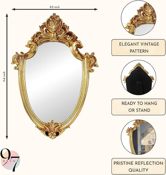 97 Decor Decorative Gold Wall Mirror Vintage Decor - Small Antique Mirror for Table Top and Wall Mounting, Ornate Vintage Mirrors Frame for Home, Bedroom, Makeup Room (11.6x9 Inch)