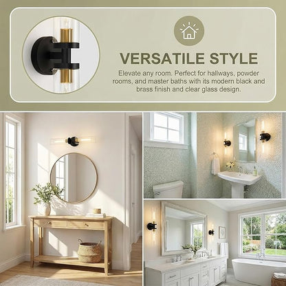 Black and Gold Wall Sconces Set of 2, Hardwired Bathroom Light Fixtures, Modern Bathroom Vanity Wall Lighting with Clear Glass Shade, Farmhouse Wall Sconce for Mirror Bedroom Hallway, E26 Base