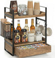Coffee Station Organizer Countertop, Wooden Coffee Bar Accessories Organizer with Basket, 2 Mug Holder Hooks and Pod Drawer, Multifunctional 2 Tier Countertop Organizer for Kitchen, Bathroom, Office