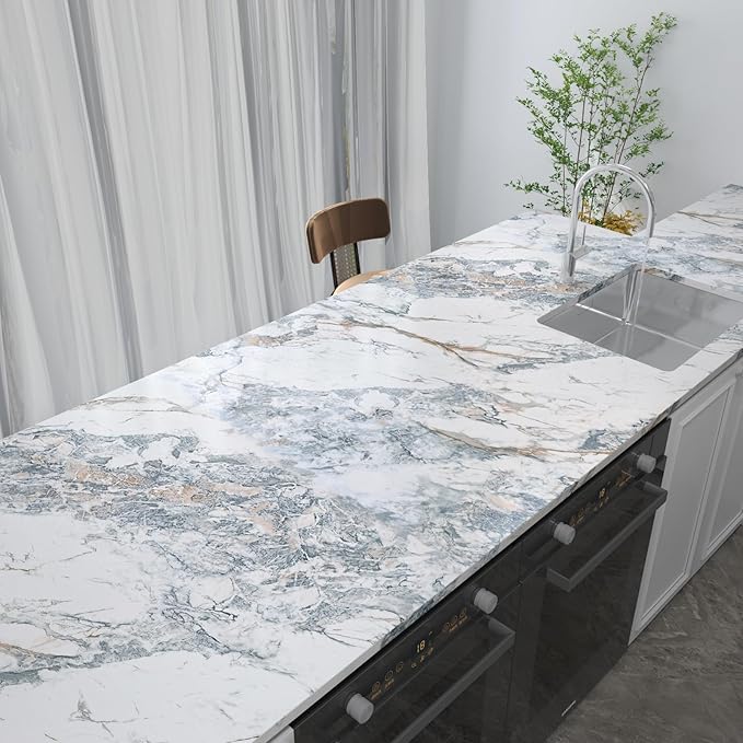 Cream Blue Gold Marble Peel and Stick Contact Paper Kitchen Marble Wall Paper Vinyl Wrap for Countertops Waterproof Granite for Cabinets Wallpaper Peel & Stick Countertop Covering Table Desk