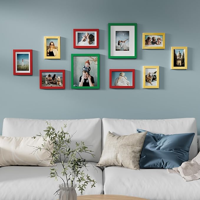 Vittanly Picture Frames Set of 10, Picture Frames Collage Wall Decor with Two 8x10, Four 5x7 and Four 4x6 Photo Frames, Gallery Wall Frame Set for Wall or Tabletop Display, Green, Red and Gold