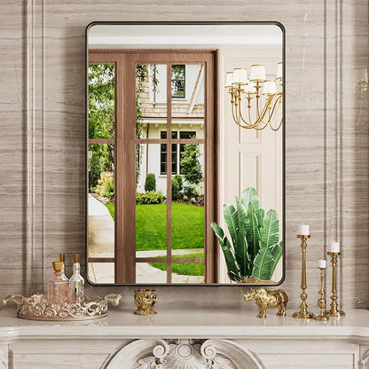 22x31 Inch Black Bathroom Mirror, Rounded Rectangle Matte Framed Wall Mounted Mirror, Bathroom Vanity Mirror, Tempered Glass, Anti-Rust, Horizontal/Vertical...