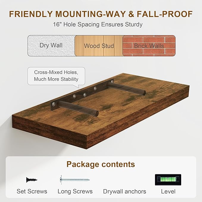 Fun Memories Floating Shelves, 8 Inch Deep Floating Shelves for Wall, 8 x 8 Wall Shelves, Rustic Wood Floating Shelf for Living Room, Bedroom, Bathroom, Rustic Brown Color, Set of 2