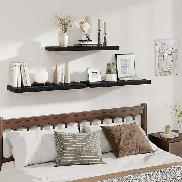 Fun Memories Deep Floating Shelves, 32W x 12D Black Wall Shelves, 32 Long Rustic Wood Wide Storage Shelves for Bedroom, Kitchen, Farmhouse, Laundry Room, Bedroom, Kitchen, Home Office- Set of 3