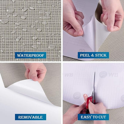 FunStick 24"x200" Grey Grasscloth Peel and Stick Wallpaper for Bathroom Waterproof Linen Fabric Wall Paper Textured Self Adhesive Geometric Wallpaper Removable Contact Paper for Cabinets Walls Drawers