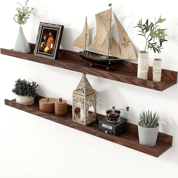 Axeman Oak Picture Ledge Shelf, 36 Inch Floating Shelves Set of 2, Solid Oak Wood Wall Shelves with Lip, Wall Decor Storage for Bedroom Living Room Bathroom Kitchen Nursery Photo Picture, Walnut