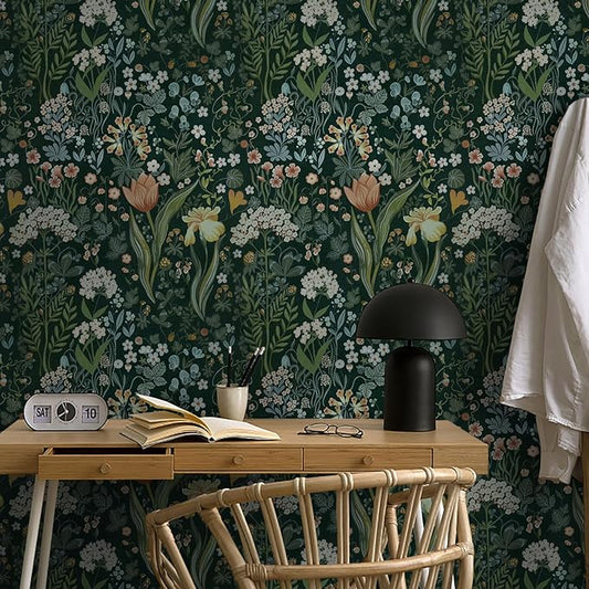 Peel and Stick Wallpaper Vintage Wall Paper Green Floral Contact Paper Removable Wallpaper 17.3"x393.7" Leaf Flower Self Adhesive for Bedroom Drawer Decor Vinyl Rolls