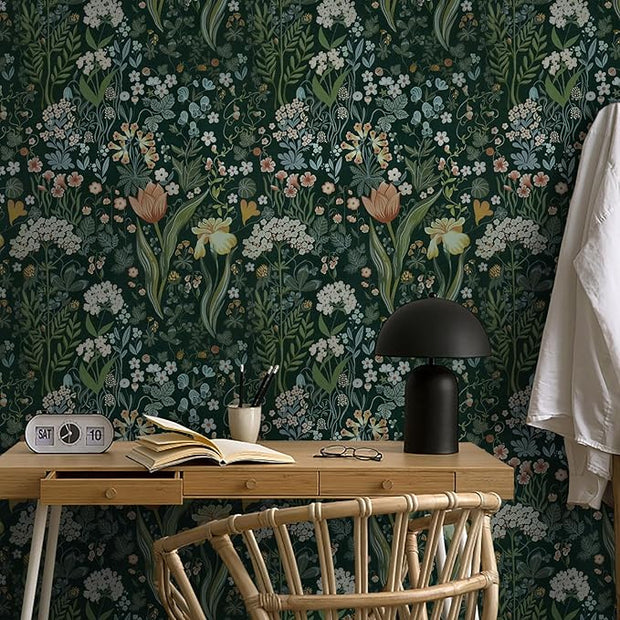 Peel and Stick Wallpaper Vintage Wall Paper Green Floral Contact Paper Removable Wallpaper 17.3"x393.7" Leaf Flower Self Adhesive for Bedroom Drawer Decor Vinyl Rolls