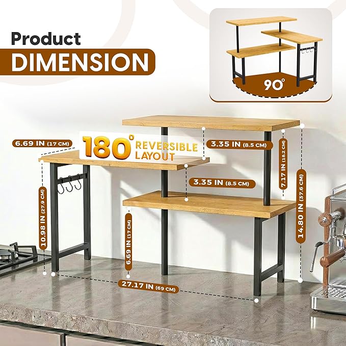 3-Tier Bamboo Corner Countertop Organizer with Extended Top Tier – Kitchen Counter Shelf for Small Spaces, Coffee Bar Organizer, Spice Rack, Bathroom Counter Storage, Space Saver