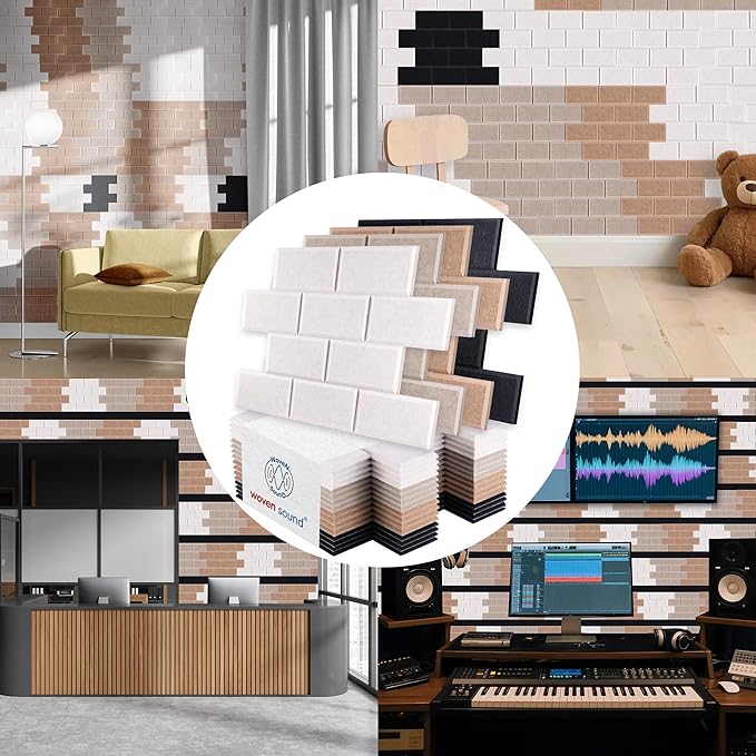 WoveN SounD Brick Acoustic Wall Panels Seamless Visual, High Density, Sound Proof Wall Decor, Noise Blocker Felt Wall Tiles for Home & Focus Zones (Black, Brown, Deep & Light Camel), 16x12x0.4 Inch