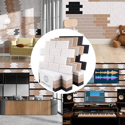 WoveN SounD Brick Acoustic Wall Panels Seamless Visual, High Density, Sound Proof Wall Decor, Noise Blocker Felt Wall Tiles for Home & Focus Zones (Black, Brown, Deep & Light Camel), 16x12x0.4 Inch