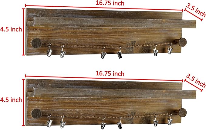 Set of 2 Wall-Mounted Picture Ledge Shelves - Twine Cords with Metal Clips - Rustic Torched Wood - Farmhouse Gray - for Hanging Photos, Prints, Artwork in Nursery, Living, Bedroom