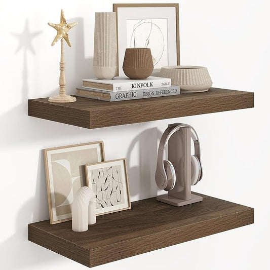 Fun Memories Floating Shelves 24 Inch Long, 9.3 Inch Deep Floating Shelf for Lving Room, Bedoom, Kitchen, Deep Wall Shelves for Bathroom, 2 Pack Storage Display Shelf for Books, Decors, Walnut