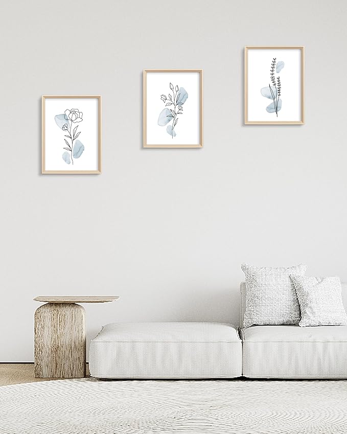 HesenDot Framed Blue Floral Canvas Wall Art,Minimalist Botanical Wall Art Decor,12x16IN Wood High Framed Prints,Boho Flowers Artworks Prints Posters for Living Room,Kitchen,Bedroom Set of 3