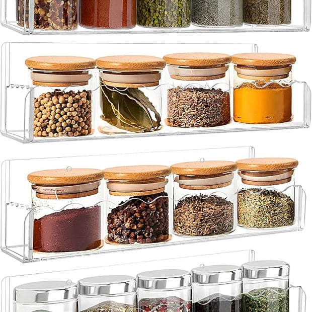 10 inch Spice Rack Wall Mounted,4 Pack Spice Organizer Shelf for Stove Cabinet Pantry Door, Adhesive or Screw Hanging Wall Spice Shelf Storage Holder in Kitchen and RV - Clear Color