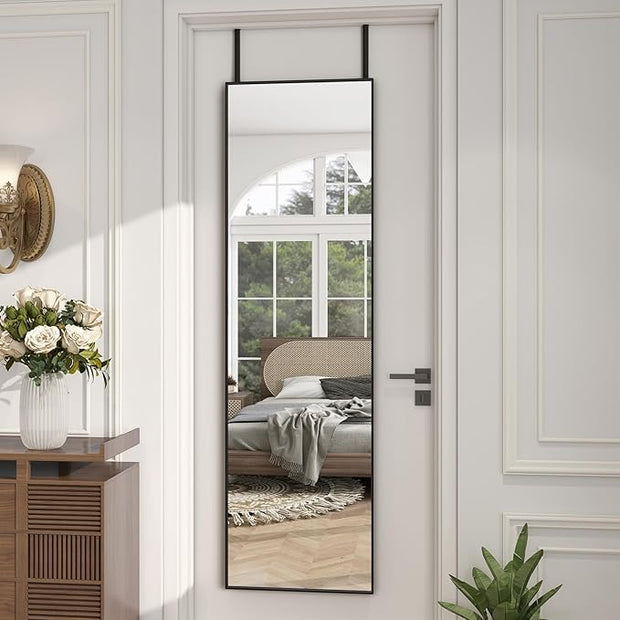 Full Length Door Mirror 14x48, Metal Frame with Protective Film, No-Drilling Hanging or Wall Mount (Horizontal/Vertical), Hooks & Hardware Included, Full Body Mirror for Bedroom, Dorm, Black