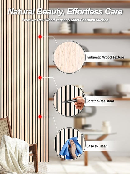 Mollywell Wood Panels for Wall, Time-Saving Installation, Versatile Wood Slat Wall Decor, Enhanced Acoustic & Sound Proof Fluted Design for Home & Office, 4 Pcs White Oak, 47.2x23.6 Inch