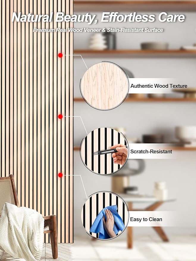 Mollywell Wood Panels for Wall, Time-Saving Installation, Versatile Wood Slat Wall Decor, Enhanced Acoustic & Sound Proof Fluted Design for Home & Office, 4 Pcs White Oak, 47.2x23.6 Inch