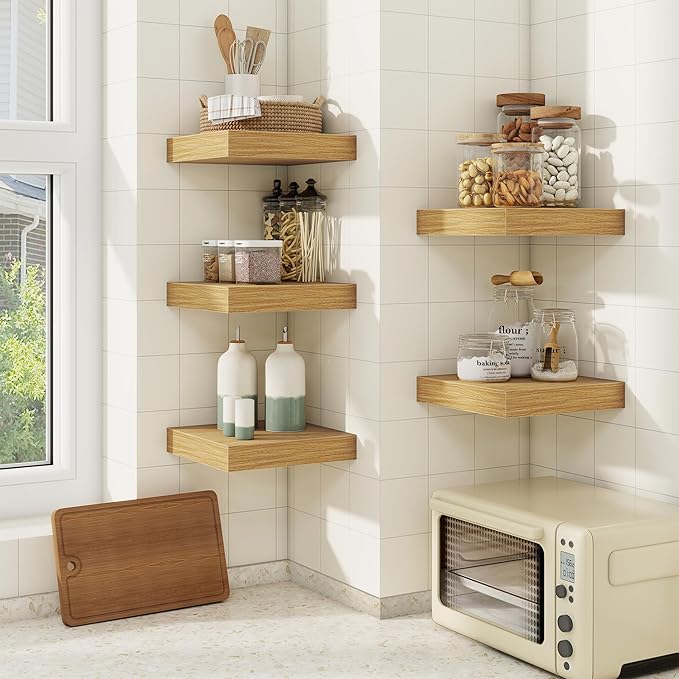 fuqing Floating Shelves for Wall, Wall Mounted Wood Floating Shelf with Invisible Brackets for Living Room, Bathroom, Bedroom, Kitchen Storage and Decor,6.5 Inch Set of 3, Oak
