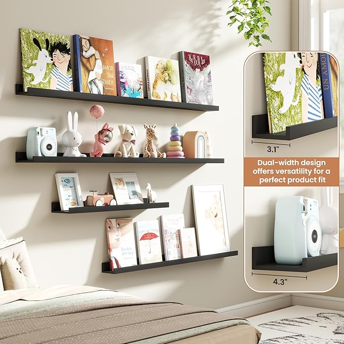 Fun Memories Picture Ledge Shelves Set of 4, 24 Inch Rustic Wall Mounted Floating Shelves with Lip for Home Storage and Décor in Bathroom, Kitchen, Nursery, Bedroom, Living Room, Black