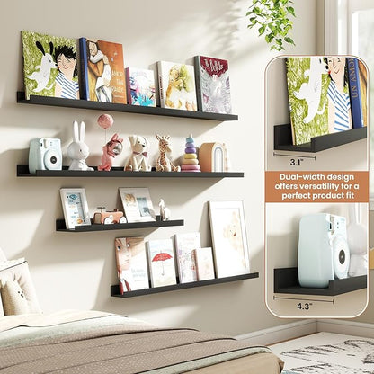 Fun Memories Picture Ledge Shelves Set of 4, 36 Inch Rustic Wall Mounted Floating Shelves with Lip for Home Storage and Décor in Bathroom, Kitchen, Nursery, Bedroom, Living Room, Black