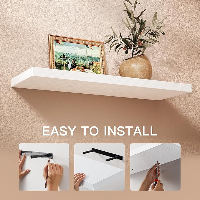 AMADA HOMEFURNISHING Floating Shelves Wall Mounted, 24 x 7 Inch Wall Shelves for Bathroom, Bedroom, Living Room, White Shelves Set of 2