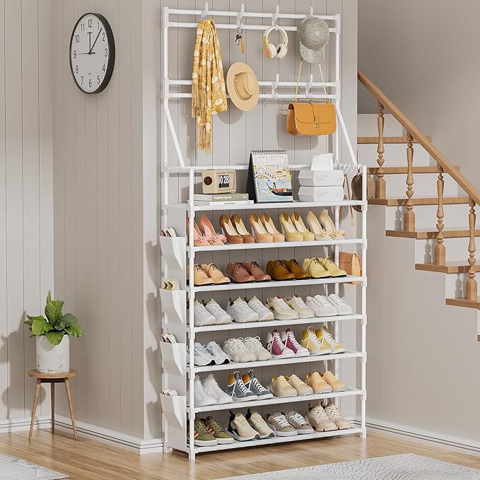 OYREL Shoe Rack 7 Tier Sturdy Shoe Racks for Closet Shoes Organizer for 28-35 Pairs Large Capacity Shoe Storage Rack with Multifunctional 5 Hooks and Side Pocket for Entrance Entryway
