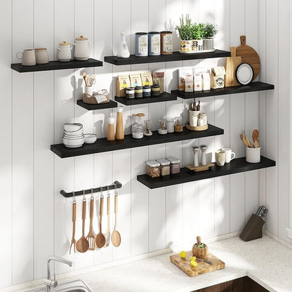 32 Inch Floating Shelves for Wall Set of 2, 8"D Wood Grain Bathroom Shelves with Invisible Brackets, Easy Install Engineered Wood Storage Shelves for Kitchen, Living Room, Bedroom, Black Finish