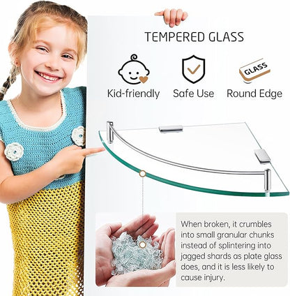 KES Glass Corner Shelf for Bathroom Corner Shelf 2 Pack Tempered Glass Shelf with Rail SUS 304 Stainless Steel Wall Mounted Brushed Finish, BGS2101A-2-P2