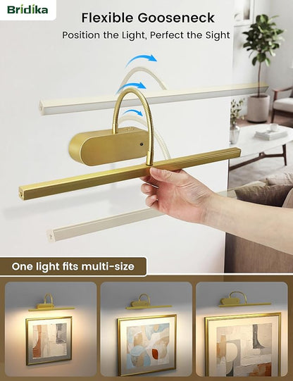 Picture Lights for Wall Battery Operated, Wireless Art Lights for Painting Remote Control, Flexible Gooseneck, 3 Colors & Dimmable Wall Light for Picture, Artwork, Portrait with Timer (Gold, 2 Pack)