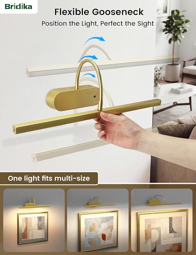 Rechargeable Picture Lights for Wall, Battery Operated Wall Light with Flexible Gooseneck, Wireless Art Lighting for Paintings & Portraits, Remote Control, 3 Colors Dimmable, Timer (Gold, 1 Pack)