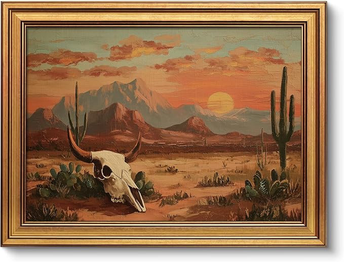 VIYYIEA Gold Small Framed Canvas Art, Vintage Western Desert Landscape Art Prints,12x16Inch, Retro Southwest Cowboy Bull Skull Decor for Home Bedroom Living Room Office Shelf, Cozy Brown Decor