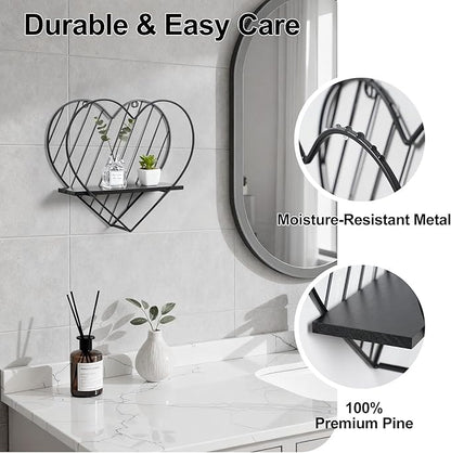 Afuly Floating Shelves - Black Wall Shelf, Heart Shaped Modern Minimalist Storage Rack Organizer for Bedroom, Bathroom, Living Room Home Decor