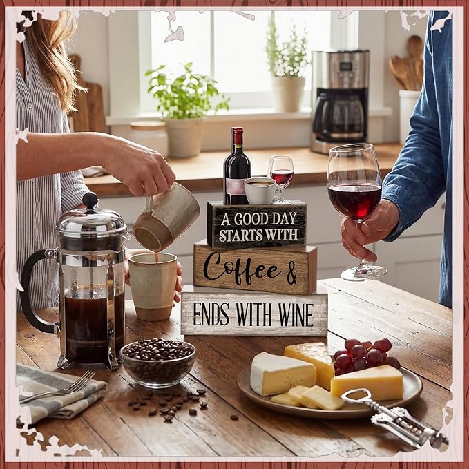 4 Pcs Farmhouse Table Decor Wooden Stacked Block Sign with Wine Bottle, Coffee Cup & Glass Sculpture a Good Day Starts with Coffee Ends with Wine Sign for Home & Bar Housewarming Gift
