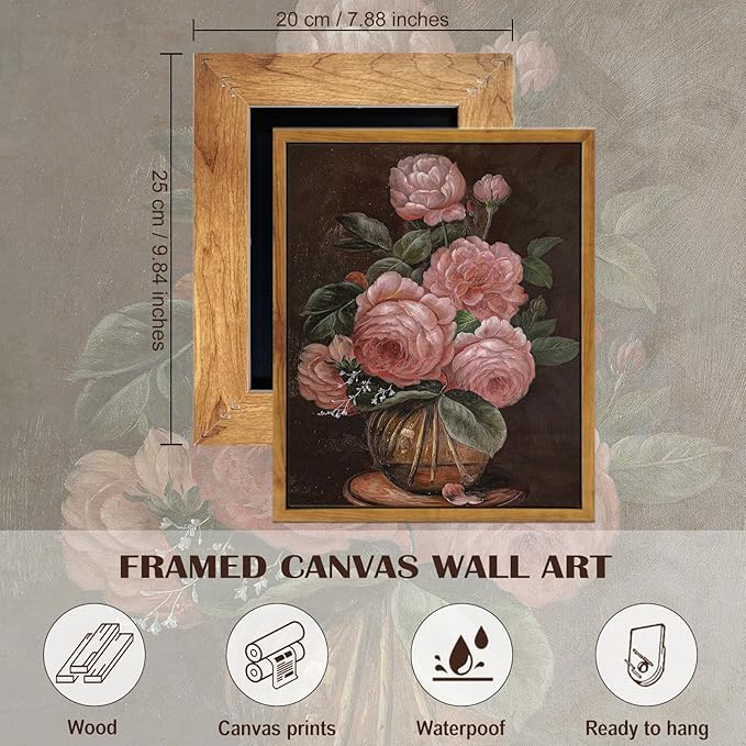 SHENIFY Vintage Flower Framed Canvas Wall Art Peony Classic Painting Modern Kitchen Bathroom Office Decor - 8x10in Natural Framed